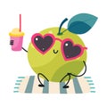 Funny Green Apple Character in Sunglasses Sitting on Beach Drinking Soda Having Fun on Summer Vacation Vector