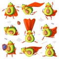 Funny Green Avocado Superhero Character Wearing Red Cloak or Cape and Mask as Justice Fighter Vector Set