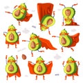 Funny Green Avocado Superhero Wearing Red Cloak or Cape and Mask as Justice Fighter Vector Set