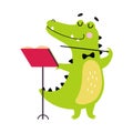 Funny Green Crocodile Character in Bow Tie Conducting with Stick on the Concert Vector Illustration