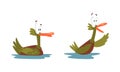 Funny Green Dabbling Duck Character Swimming on the Lake as Feathered Waterfowl Bird Vector Set