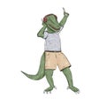 Funny green dinosaur dancing and listening music in headphones