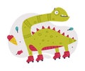 Funny Green Dinosaur Monster with Long Neck on Roller Skates Vector Illustration