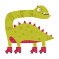 Funny Green Dinosaur Monster on Roller Skates Vector Illustration