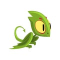 Funny green dragon with big eyes, head and long tail. Cartoon character of mythical creature. Flat vector design element Royalty Free Stock Photo