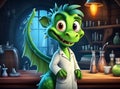 A funny green dragon in a white coat is doing chemical experiments in the laboratory