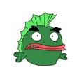 Funny green fish character. Vector. Flat style. Frog with a hare. Cartoon amphibian. Hero mascot for a pet shop Royalty Free Stock Photo