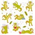 Funny Green Gecko Character Engaged in Different Activity Vector Set