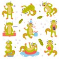 Funny Green Gecko Character Engaged in Different Activity Vector Set