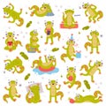 Funny Green Gecko Character Engaged in Different Activity Vector Set