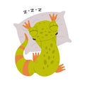 Funny Green Gecko Character Lying on Pillow and Sleeping Vector Illustration