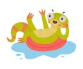 Funny Green Gecko Character Swimming in Pond with Rubber Ring Vector Illustration