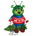 Alien in sweater holding Christmas tree. New Year.