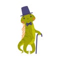 Funny Green Iguana Character with Scales in Top Hat with Cane and Bow Tie Vector Illustration Royalty Free Stock Photo