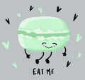 Funny green, mint, lime macaroon character, cartoon style illustration on gray background. Cute macaroon smiley character