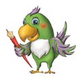 A funny green parrot spread its wings and holds a red feather for writing Royalty Free Stock Photo