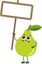 Funny green pear mascot holding a blank signboard