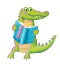 Funny green-pink Crocodile reading book Royalty Free Stock Photo