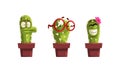 Funny Green Potted Cactus with Different Emotions Set, Cute Emojis Plant Characters Cartoon Vector Illustration