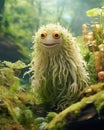 Funny green slimy creature in the rainforest. Fantasy cartoon character. Generative AI