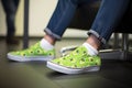 Funny green slippers on person feet. Generative AI