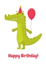 Funny green vector crocodile with pink ball in pink cap. Cute illustration for greeting card or party invitation. Kind