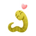 Funny Green Worm Smiling with Heart Love Symbol Vector Illustration