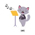 Funny Grey Cat Sing on Stage as English Verb for Educational Activity Vector Illustration Royalty Free Stock Photo