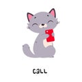 Funny Grey Cat with Smartphone Call as English Verb for Educational Activity Vector Illustration