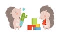 Funny Grey Hedgehog Holding Cactus in Pot and Playing with Toy Blocks Vector Set