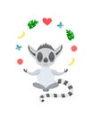 Funny grey lemur meditates in the lotus position and juggles. Cute baby animal in cartoon style. Levitation during yoga. Vector