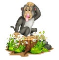 Funny Grey Monkey Wth White Ivy Flower And Rocks Cartoon