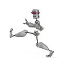 Funny grey robot cartoon crazy walk along in a white background