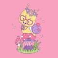 Funny groovy character snail hippy. Comic insect kawaii on power mushroom in trendy retro style. Vector illustration in