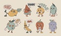 Funny groovy retro characters. Fruit emoticons with emotions, set of vector isolated illustrations, old cartoon style. Royalty Free Stock Photo