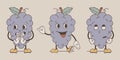 Funny groovy retro character bunch of grapes. Set of vector isolated cheerful fruit, old cartoon style. Emotions of