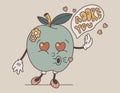 Funny groovy retro character girl apple. vector isolated cheerful fruit in love, old cartoon style.