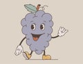 Funny groovy retro fruit character. Cool joyful bunch of grapes. Vector isolated illustration, old cartoon style