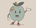 Funny groovy retro fruit character. Cool joyful green apple girl in shoes. Vector isolated illustration, old cartoon style Royalty Free Stock Photo
