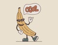 Funny groovy retro fruit character. Cool smiling banana in sunglasses, vector isolated illustration, old cartoon style.