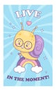 Funny groovy snail character elderly grandfather. Comic insect old man with glasses on rainbow in retro style. Trendy