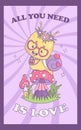 Funny groovy snail hippy character. Comic insect wearing heart glasses on mushroom in retro style. Trendy vector