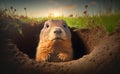 Funny groundhog peeking out of burrow hole, green grass around the hole, Groundhog Day, copy space, generative AI