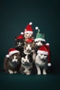Funny group of cats in Christmas outfits in studio group shot. Manlike humanised animals in winter holidays decorations