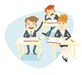 Funny group of univercity students or school pupils at theyr desks listening and answer the lesson. Light flat style design. Two Royalty Free Stock Photo