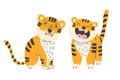 Funny growling and sitting tigers cubs hand drawn flat illustration