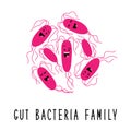 Funny gut bacteria family cartoon characters isolated on white, gut and intestinal flora, set in flat style Royalty Free Stock Photo