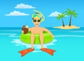 Funny guy with coconut cocktail and snorkeling mask floating on inflatable inner ring in tropical ocean water Royalty Free Stock Photo