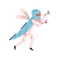 Funny guy in dragonfly costume carrying cake vector flat illustration. Male waiter in cute masquerade apparel bringing