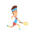 Funny guy with racket in hand running forward to hit the ball. Man taking part in tennis tournament. Summer Olympic game Royalty Free Stock Photo